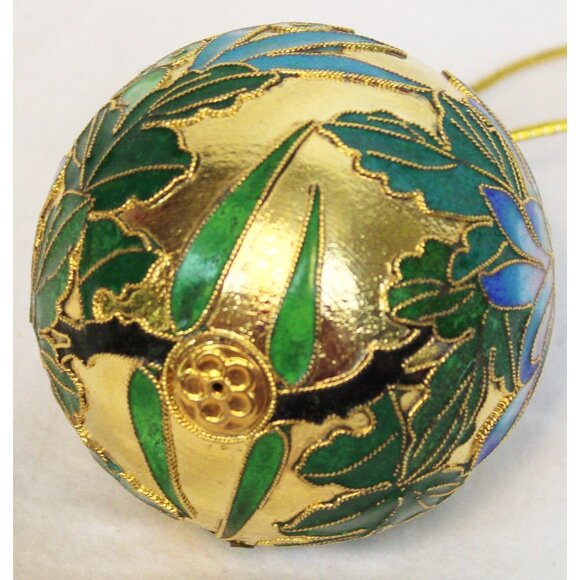Gold Enameled Cloisonne Ball Ornament Water Lily Berries 2.5" Christmas Decor - Picture 8 of 8